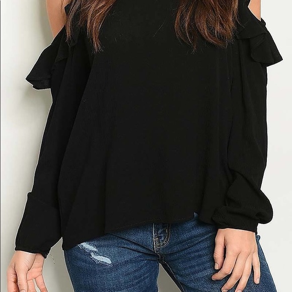 Black Cold Shoulder Ruffle Top - Picture 2 of 3